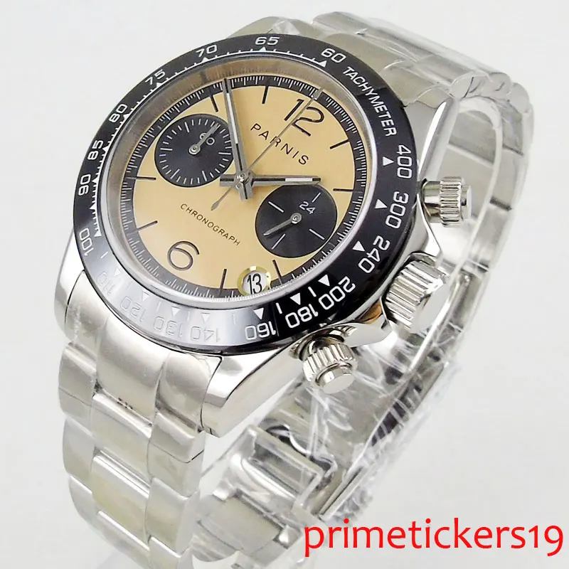 39 мм PARNIS бежевый циферблат сапфировое стекло Дата Полный Хронограф Настройка