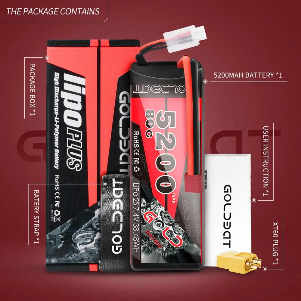 

GOLDBAT RC lipo Battery 7.4V 5200mAh 2S RC Battery Lipo 7.4v Lipo 2s 80C with Deans Plug for Car RC Truck RC Truggy FPV Airplane