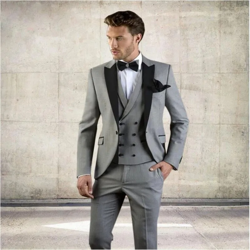 

Grey Men Suit Slim Fit Jacket With Black Tuxedo Custom Made Blazer Wedding Groom Suits Wedding Groom (Blazer+Pants+Vest)
