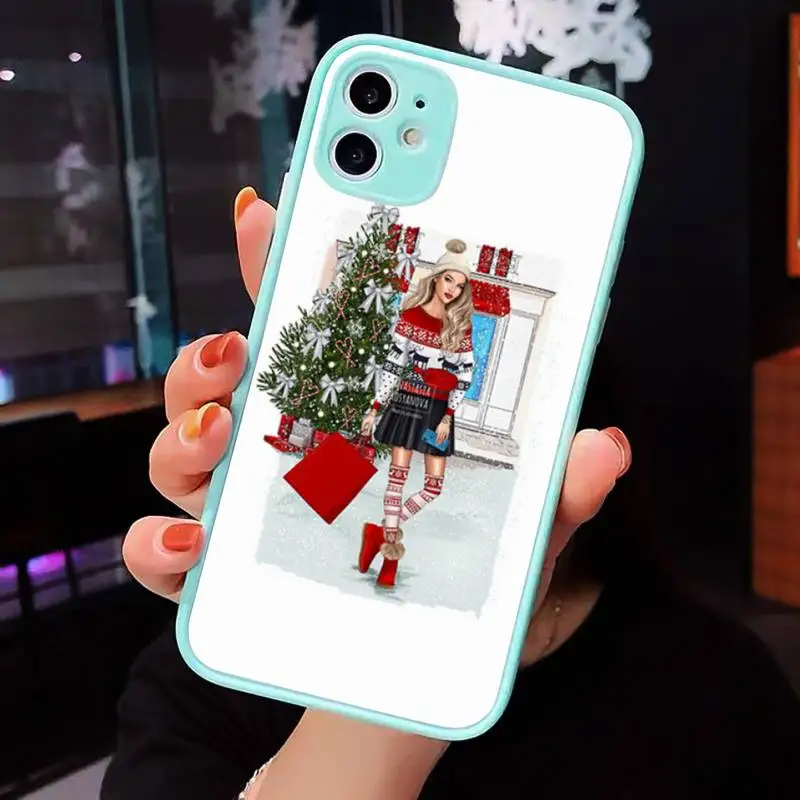 

Merry Christmas Brown Hair Girl Phone Case Matte transparent For blue iPhone 12 Mini 11 Pro XR XS Max 7 8 Plus X Back Cover
