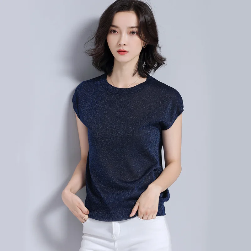 Las nuevas mujeres camisetas sin mangas de punto Mujer Slim Fit camisetas mujeres, Color brillante Bling cuello redondo de moda elegante Tops estilo nórdico