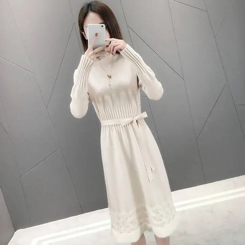 Осень зима 2019 женское элегантное однотонное платье свитер толстое с длинным