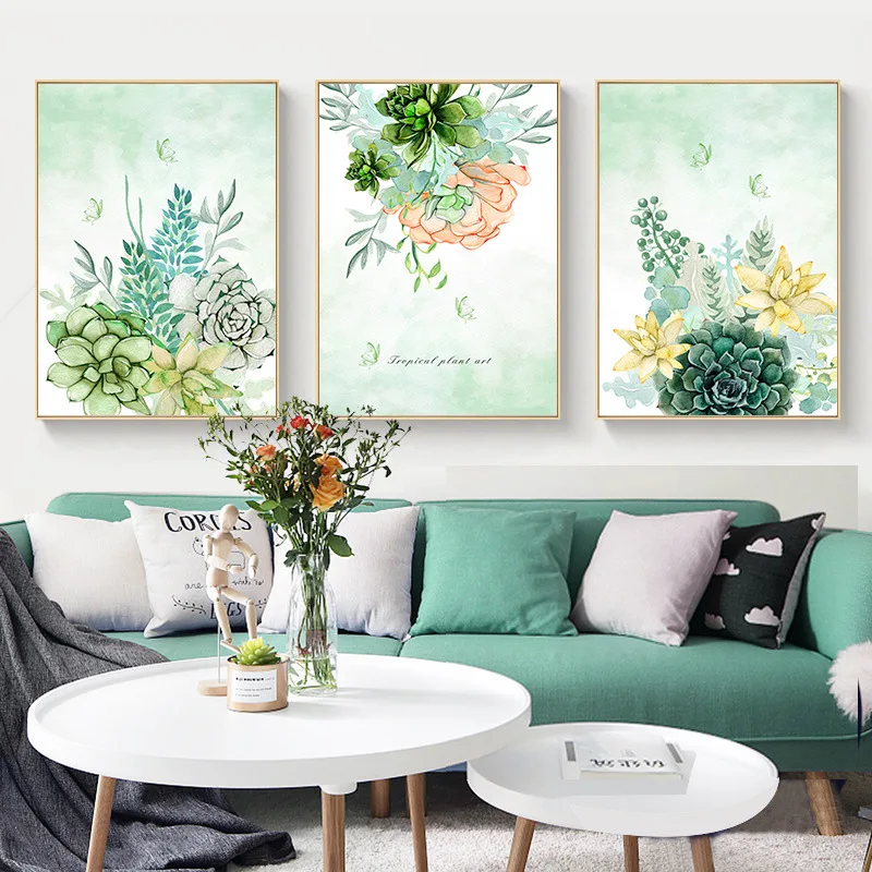 

Watercolor Green Plants Modern Sofa Background Wall Decoration Living Room Porch Corridor Frameless Dining Painting Core