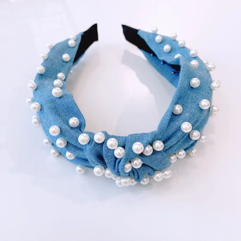 ВИНТАЖНАЯ ДЖИНСОВАЯ повязка на голову с жемчугом широкие обручи перехлёстом