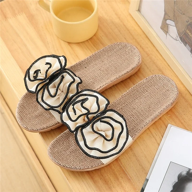 

Summer Indoor Ladies Slippers Comfortable Summer New Sweet Lady Home Flower Flat Women Slippers Linen Non-slip Women Shoes