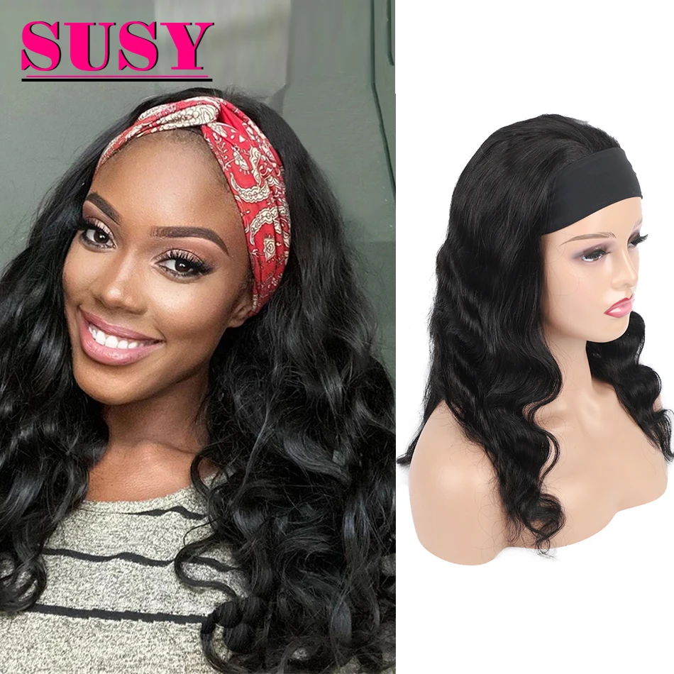

Headband Wigs Humain Hair Scarf Wig Long 28 Inch Human Hair Easy Wig With Black Head band Glueless Body wave Guleless For Women