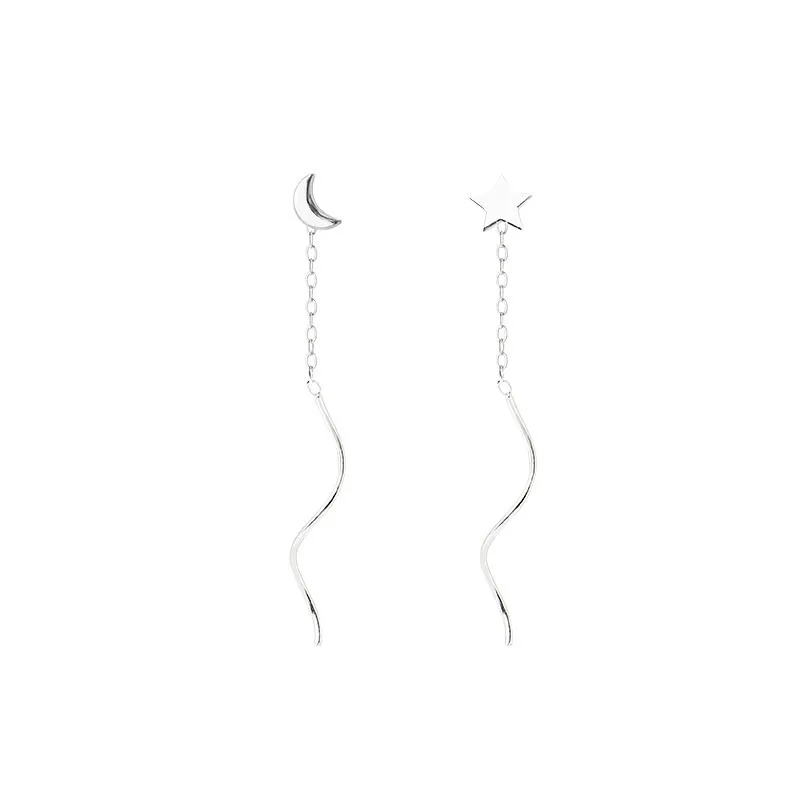 

Trendy Jewelry Star And Moon Earrings Simple Asymmetry Design Silvery Plating Chain Dangle Earrings For Woman Gifts