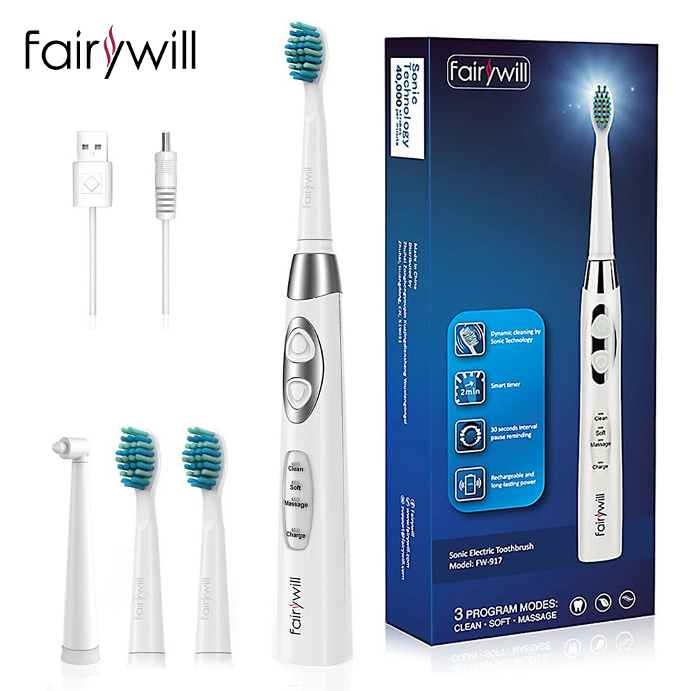 

Fairywill Sonic Electric Toothbrush Timer Brush 5 Modes USB Charger Rechargeable Tooth Brushes 3 Heads Set for Adults and Kids