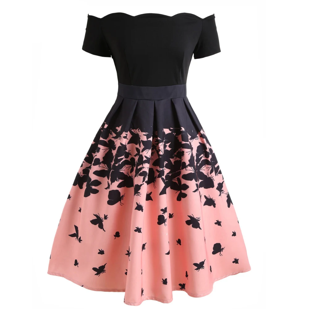 

Floral Print Off Shoulder Women Robe Vintage Dress 2020 Summer Black Pink Elegant A-Line Retro Casual Party Rockabilly Dresses