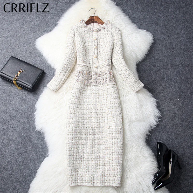 Женское платье средней длины винтажное твидовое новое украшенное бриллиантами