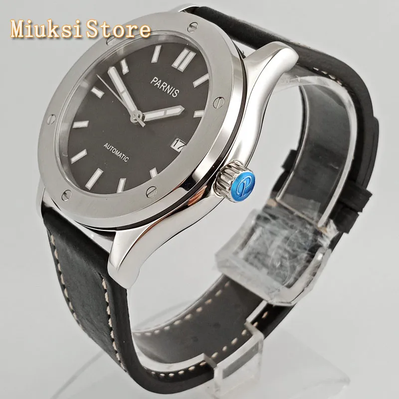 Мужские серебристые часы с сапфировым стеклом и кожаным ремешком | Наручные