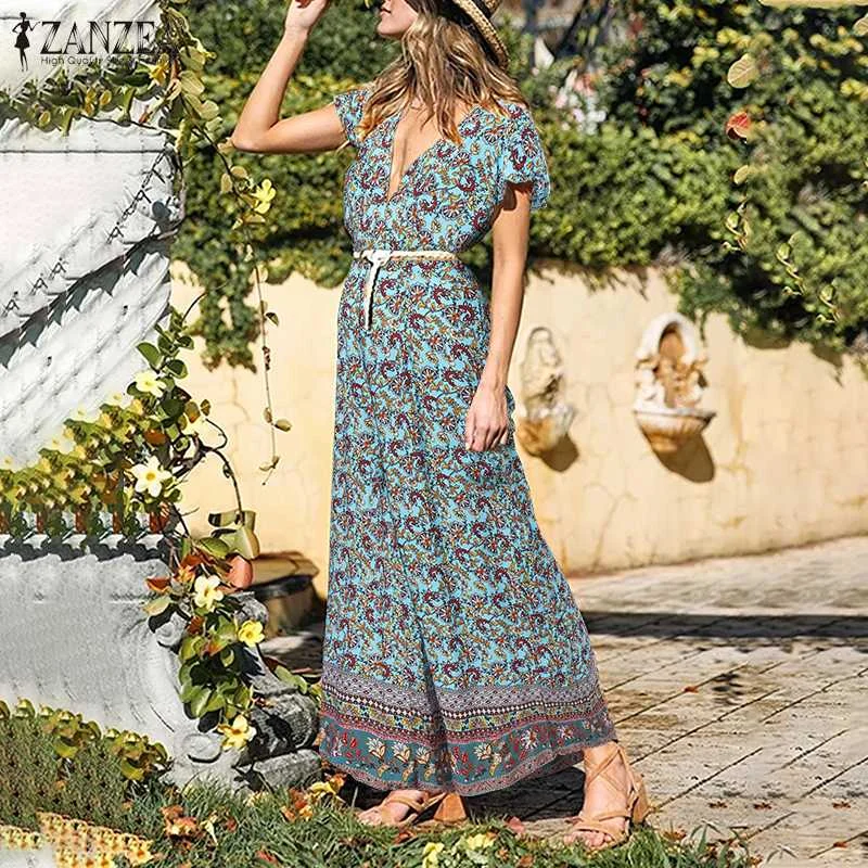 

Комбинезон ZANZEA женский с цветочным принтом, богемный ромпер с V-образным вырезом, с коротким рукавом, с широкими штанинами, повседневный Дли...
