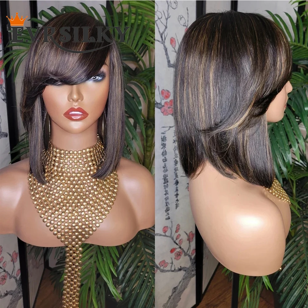 

Side Bangs Highlights Blonde Bob Straight 13x6 Transparent Lace Front Human Hair Fringe Wigs Bleached Knots HD Lace Frontal Wig