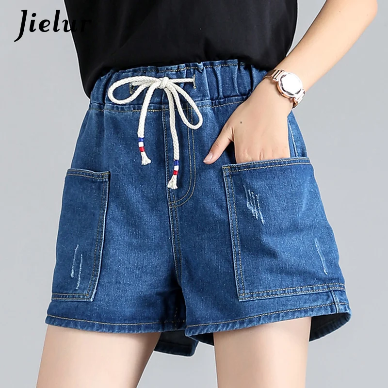 

Jielur Washed Pockets Denim Shorts Womens Blue High Waist Jeans for Women Casual Loose Summer Elastic Waist Shorts Female S-5XL