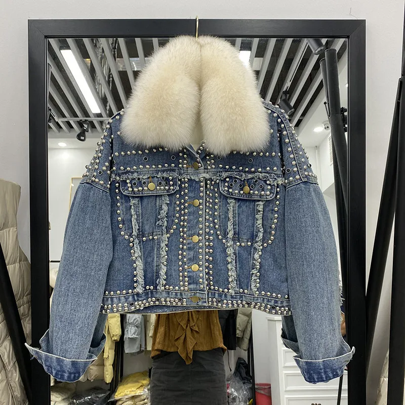 

Heavy Work Rivet Beaded Women Denim Parkas Winter 2021 Removable Big Fur Collar Warm Down Liner Long Sleeves Short Jeans Jacket