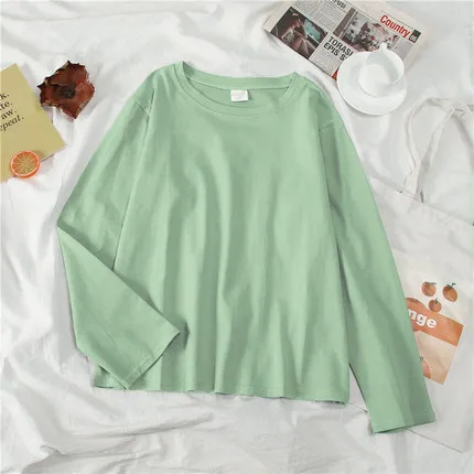 Lightgreen Модные женские футболки; сезон весна-осень; женские футболки с длинными рукавами и принтом для девочек; топы с круглым вырезом; свободные женские рубашки; мягкие женские футболки - Цвет: Lightgreen