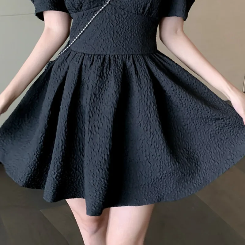 

Summer Fashion Ladies Vintage V-neck Puff Sleeve Dress Women's Clothing Waist Slim Print Jacquard Solid Vestidos Female Robe New