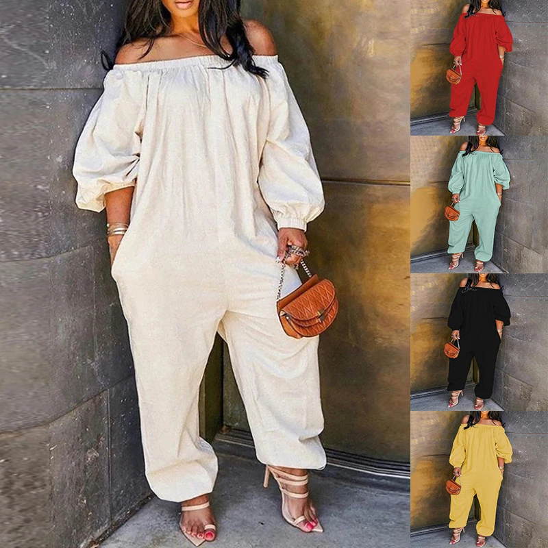 

2021 Plus Size Women Streetwear Summer Pocket Design Solid Lantern Sleeve Off Shoulder Jumpsuit Casual Long Pants Overalls