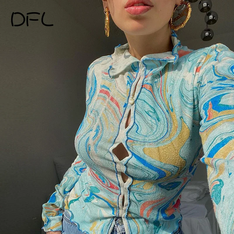 

DFLlifes Printing Hollow Out Long Sleeve Tee Shirt Fashion Sexy Slim Clubwear Womenwear Winter Autumn T-shirt Women Clothes 2021