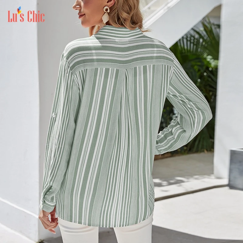 

Lu's Chic Women's Button Down Shirt Long Sleeve Tops Striped Henley V Neck Tunic Pocket Blouse Ladies Work Casual Fitted Print