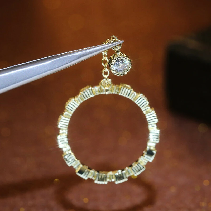 Изысканное тонкое Кристальное желтое Золотое кольцо с подвеской круглая цепочка