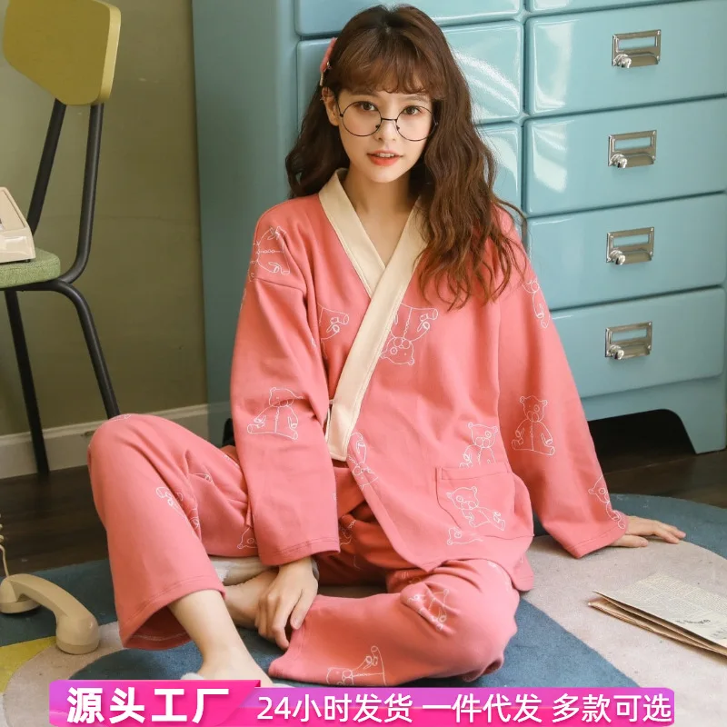 

Хлопковые пижамы для женщин с длинным рукавом Осень хлопковый кардиган, японское кимоно, ночной халат студентов свежая одежда комплект дом...