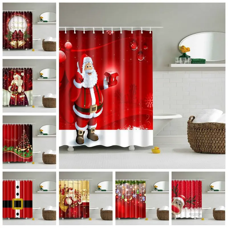

Lighted Christmas Shower Curtain Happy New Year Santa Claus Red Waterproof Curtains for Shower Bathroom Christmas Decor Gifts