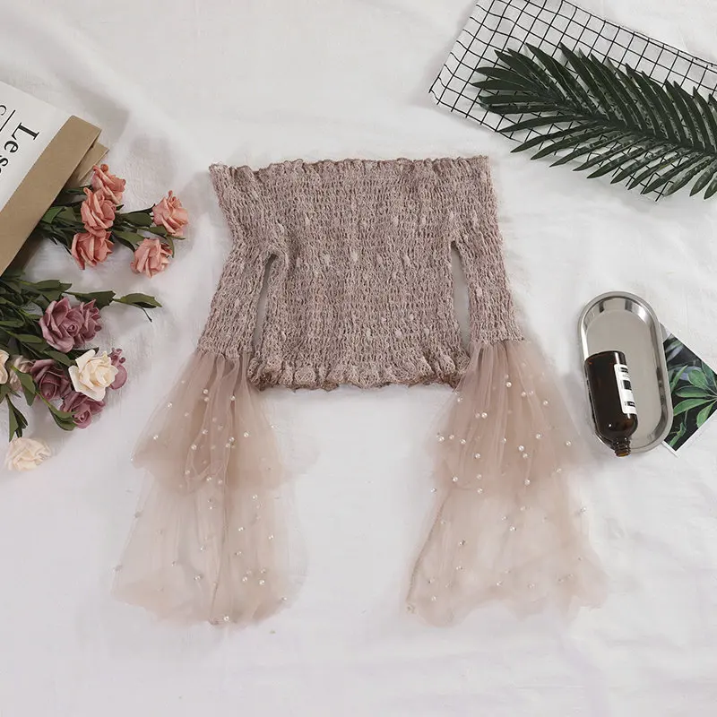 Women Shirts Женская рубашка с расклешенными рукавами, с открытыми плечами, с вырезом лодочкой, короткая эластичная сетчатая вуаль, тюль, перламутровый бисер, пуловер, блузка, топы - Цвет: Women Shirts
