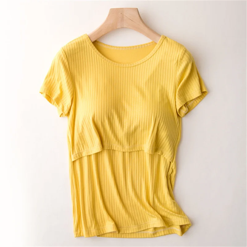 Women's Striped Short Sleeve Cotton T-shirt Nursing Tank Top Summer Elastic T-shirt