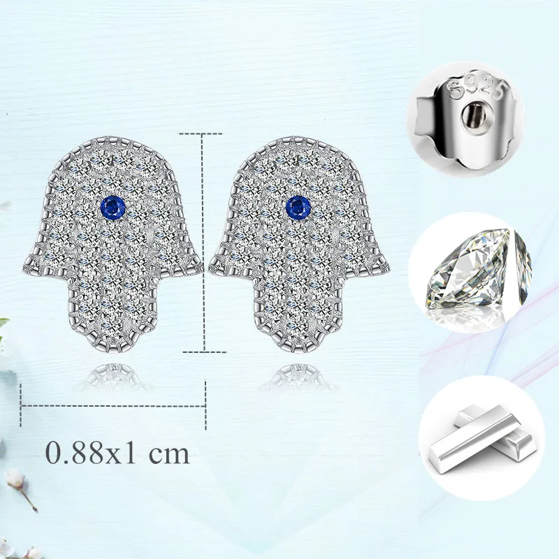 Genuine 925 Sterling Silver Micro Pave CZ Good Luck Turkey Hamsa Hand Stud Earring|stud earrings|stud earrings for women925 sterling silver |