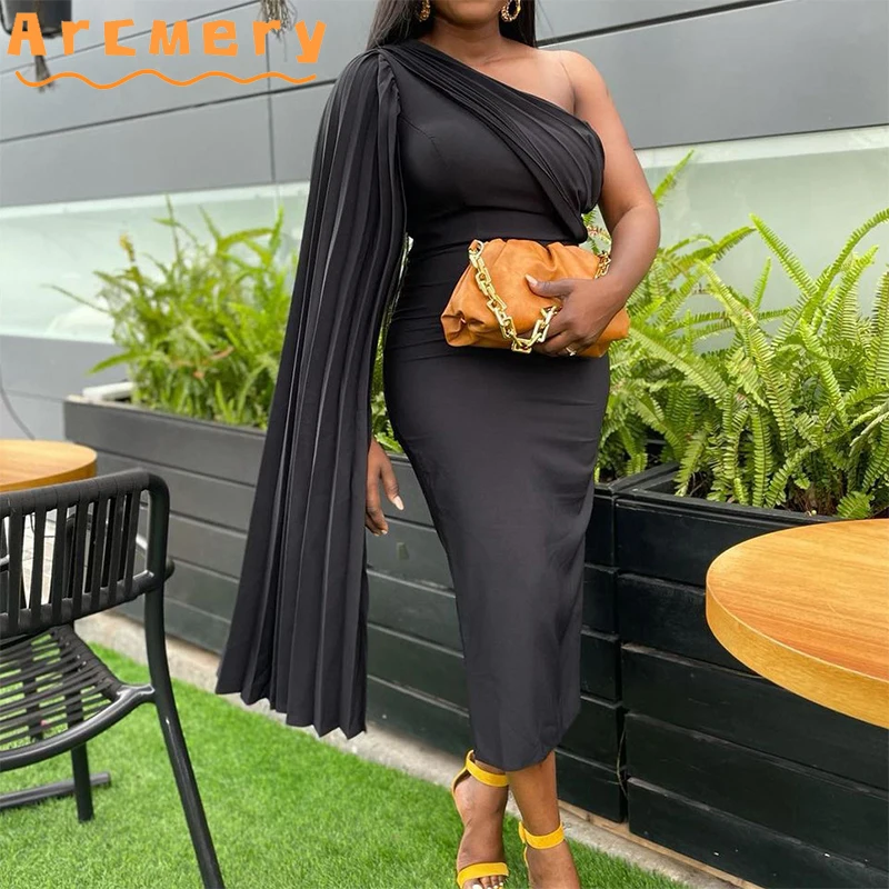 

Women One Shoulder Long Sleeve Elegant Bodycon Party Midi Dress