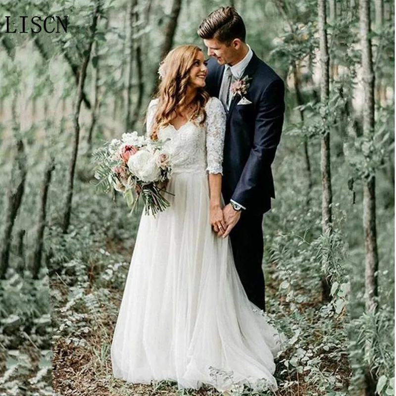 

Ivory Bridal Gowns Boho Vintage Tulle Lace 3/4 Long Sleeve Wedding Dress A Line V Neck Backless Appliques Princess Summer Beach