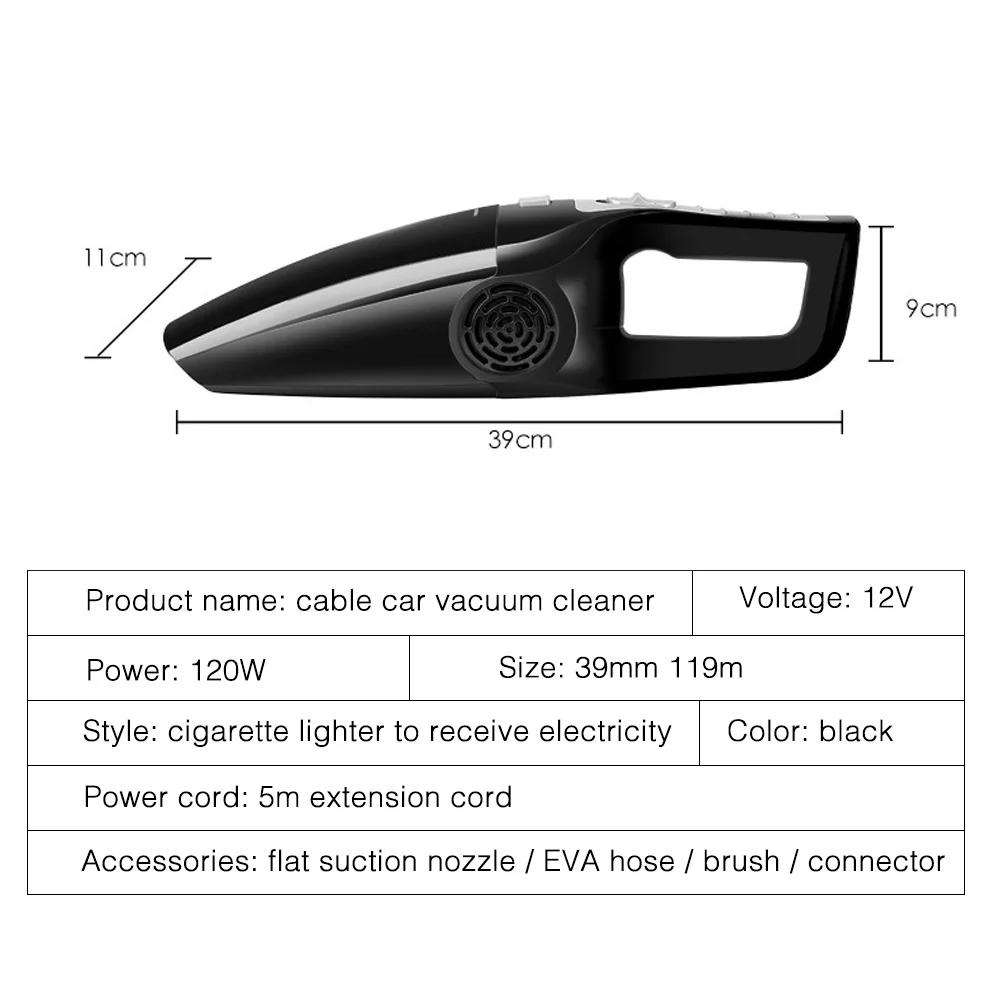 

Mini 120W 3600mbar High Suction Hand-held Car Vacuum Cleaner 12V 5 Meter Noodle Dry And Wet Dual-use Car Vacuum Cleaner