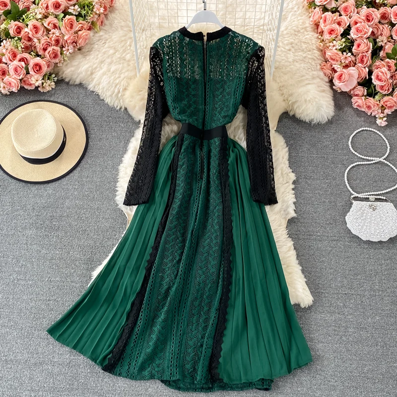 

Runway Fashion Women Summer Hollow Out Color Block Lace Sexy Dress Elegant Midi Pleated Celebrity Party Robe Femme Sweet Vestido