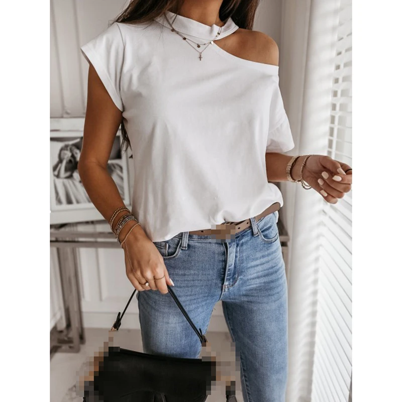 Женская футболка с открытыми плечами Повседневная однотонная белая приталенная