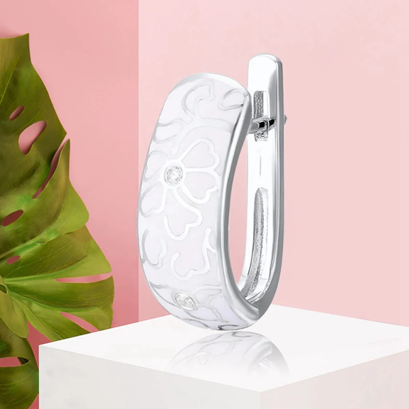 Женские серьги серебряного цвета с белым цветком и фианитом|Серьги-гвоздики| |