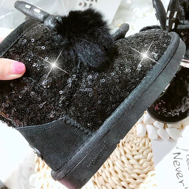 Новинка зимние детские меховые ботинки для снега ботильоны с блестками