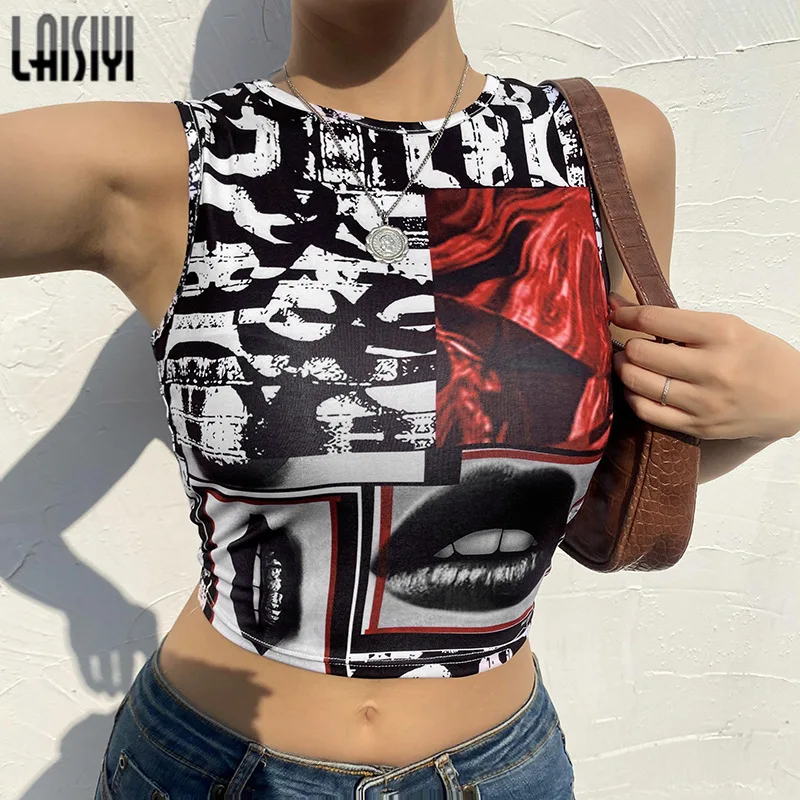 

Women Sexy Tops Personality Stitching Top Fashion Abstract Round Neck T-shirt Printed Crew Neck Sleeveless Slim Camisoles