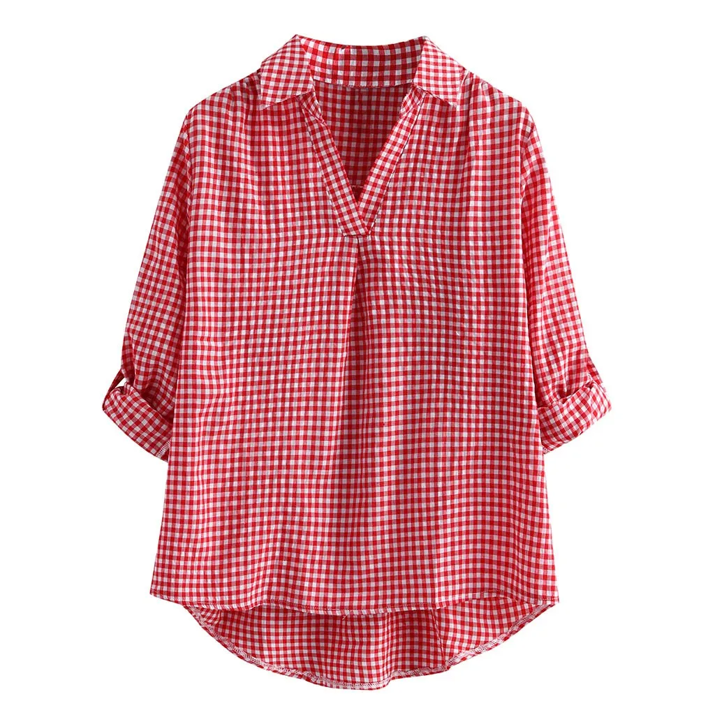 Женская Повседневная Блузка с принтом в клетку свободная рубашка на пуговицах
