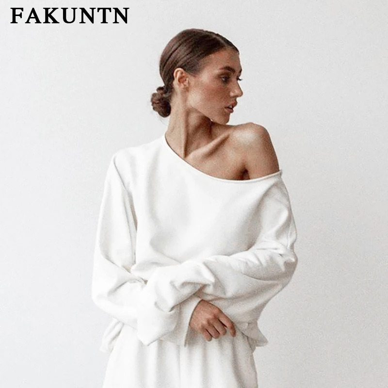 구매 FAKUNTN 여성 세트 섹시한 정장 여성 의류 2021 가을 겨울 새로운 라운지웨어 O 넥 스웨터와 바지 투피스 세트 복장
