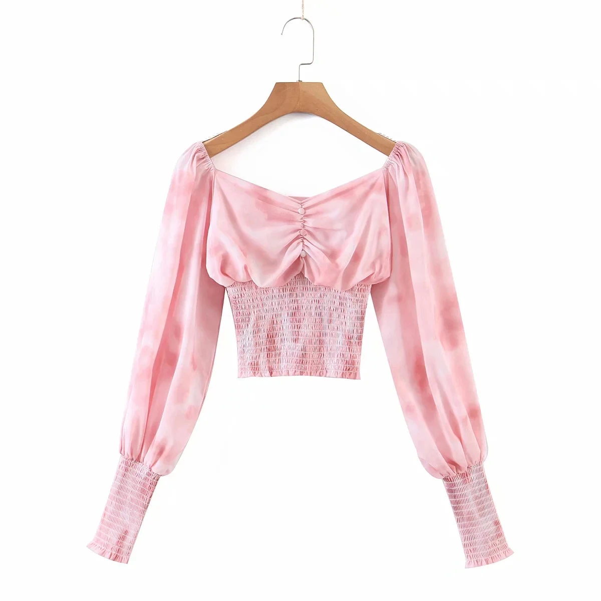 

2021 Blusas De Mujer Women Summer Elegant Sweet Long Sleeve Tshirt Tops Tie Dye All-Match Crop Top Spring Fall Pink Short Tops