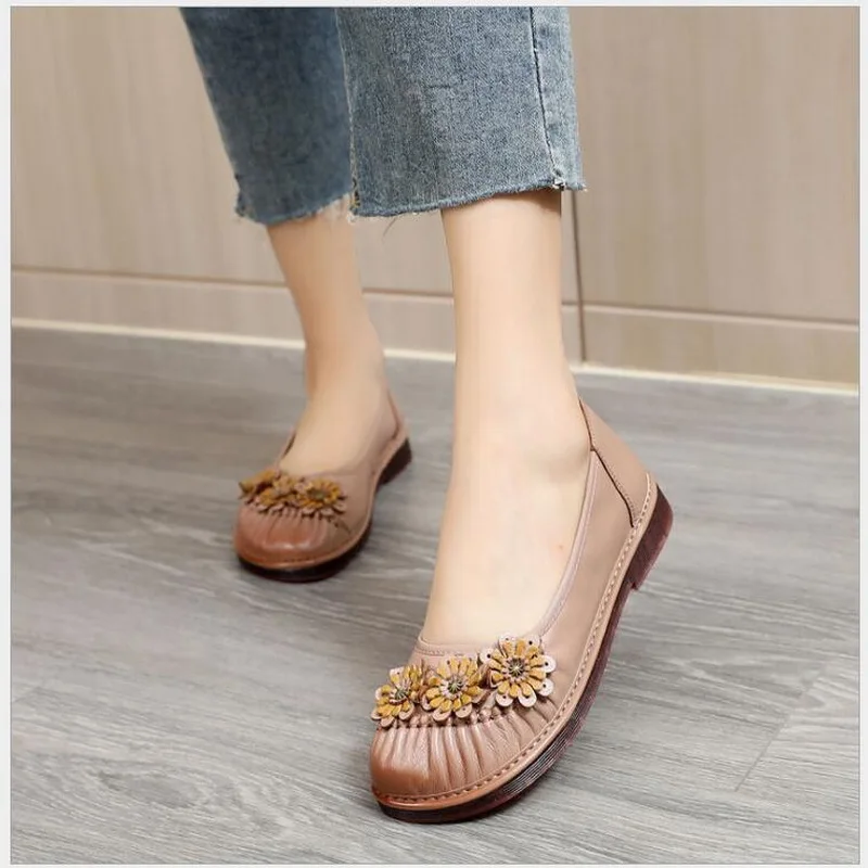 RUSHIMAN Women Flats Genuine Leather Shoes Round Toe Ladies Loafers Female Shoes Comfortable Casual Shoes