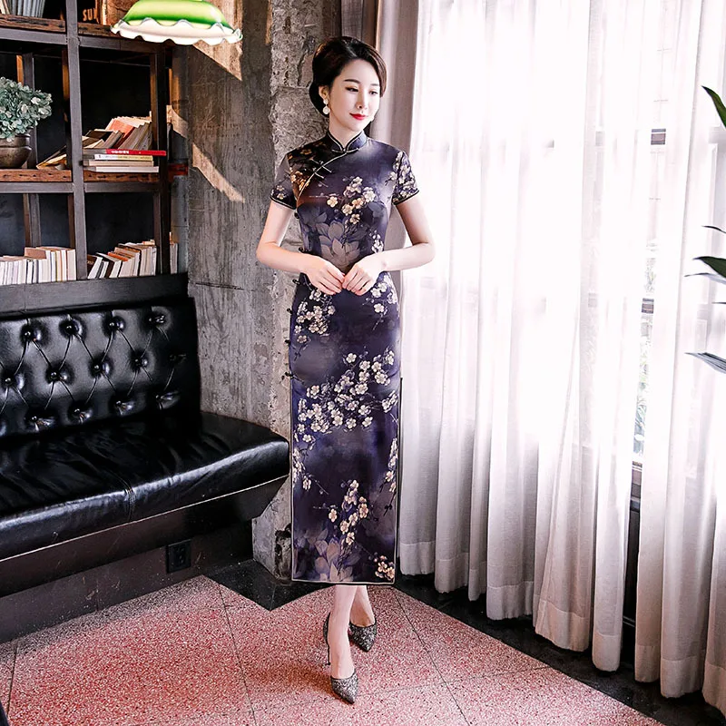 

Novelty Print Flower Elegant Women Qipao Chinese Traditional Classic Madnarin Collar Cheongsam Sexy Slim Long Vestidos Plus Size