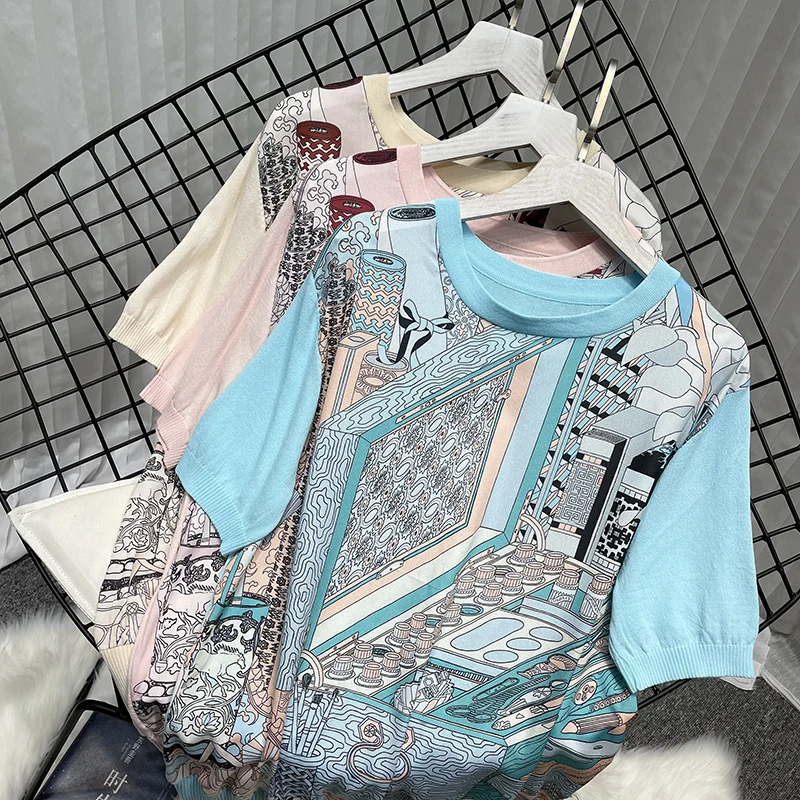 

Женские футболки с коротким рукавом и принтом, женские трикотажные футболки с Европейским принтом, женские повседневные свободные трикота...