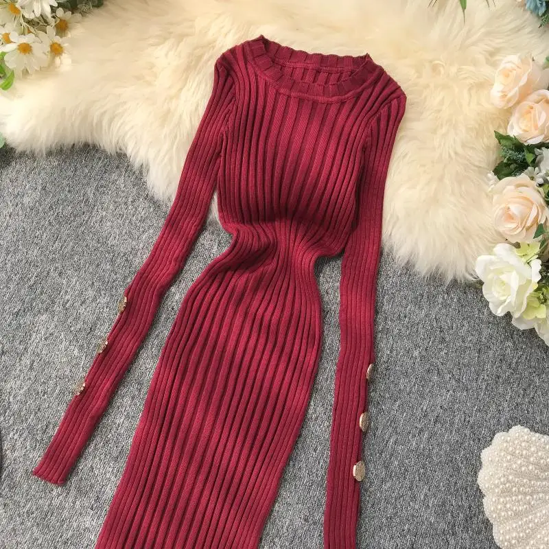 ALPHALMODA французское платье Популярные пуговицы рукав пуловеры туника платье вязаный свитер платье сплошное v-образным вырезом сексуальное платье шаг