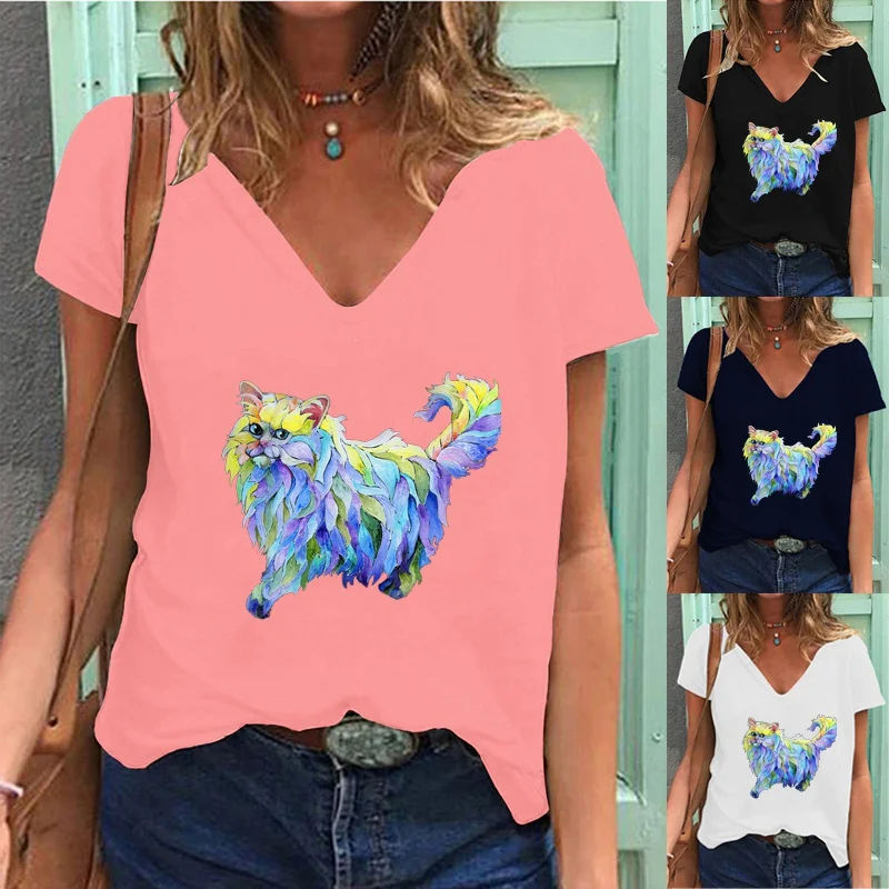 

Женская свободная футболка с коротким рукавом и глубоким V-образным вырезом