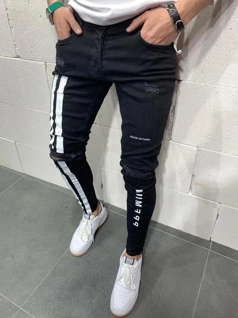 Men's Print Ripped Skinny Jeans With Small Feet