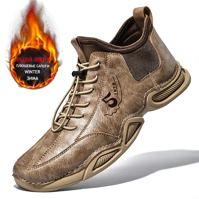 

Мужские зимние ботинки, толстый плюш, теплые кожаные ботильоны, мотоциклетные ботинки ручной работы, уличная мужская обувь