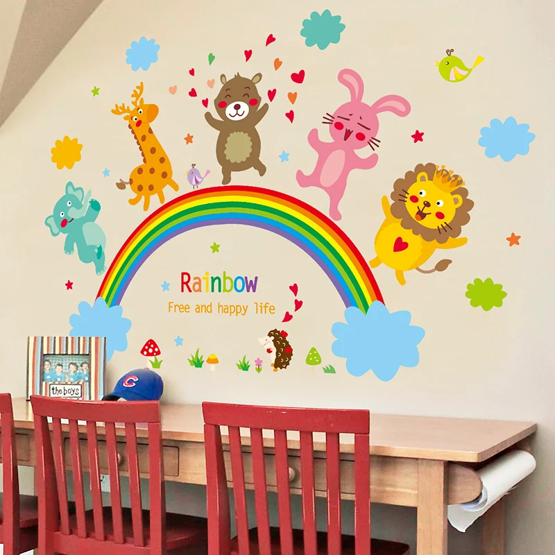 [SHIJUEHEZI] мультфильм лев кролик медведь Животные наклейки на стену ПВХ DIY Радуга настенные наклейки для детской комнаты украшения детской спальни