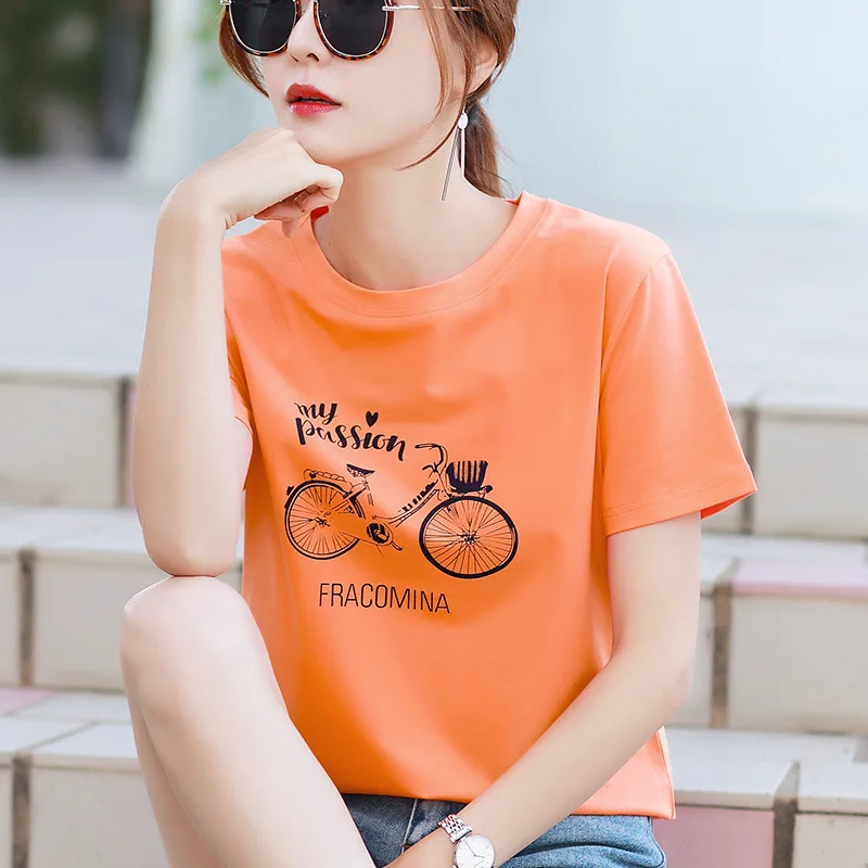 

2021 Fashion New Women Short Sleeve Printed Embroidery Casual T Shirt 100% Cotton High Quality Loose Tops Camiseta Mujer